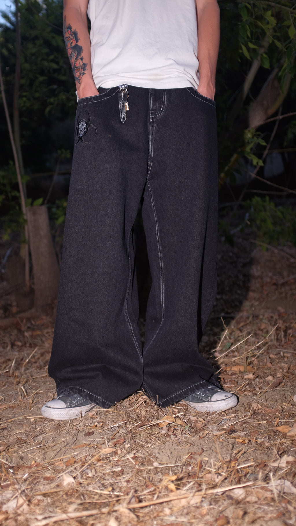 black cross jeans white stitching